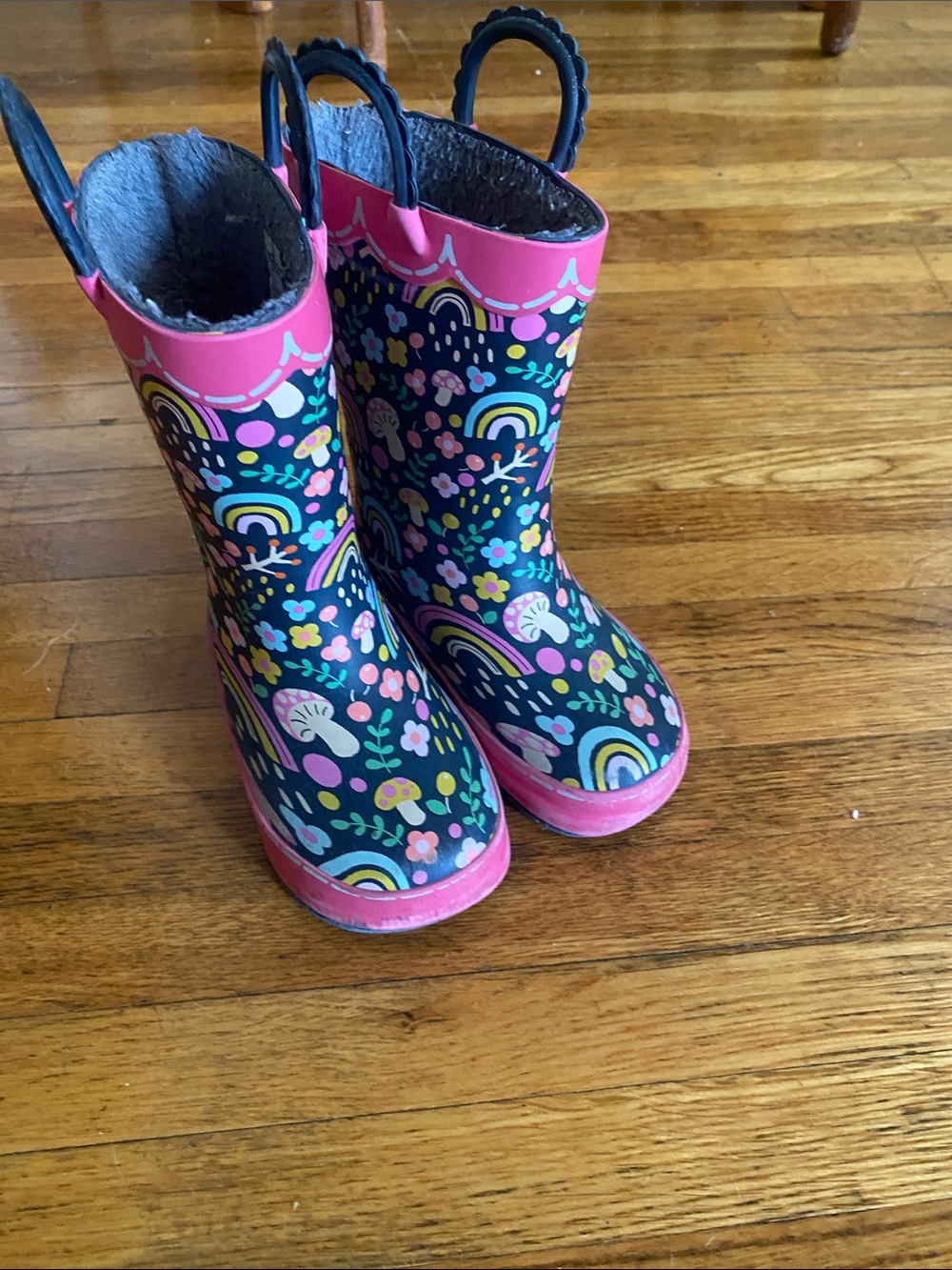 Western Chief Girls' Navy Rain Boots with Pink Floral & Rainbow Print